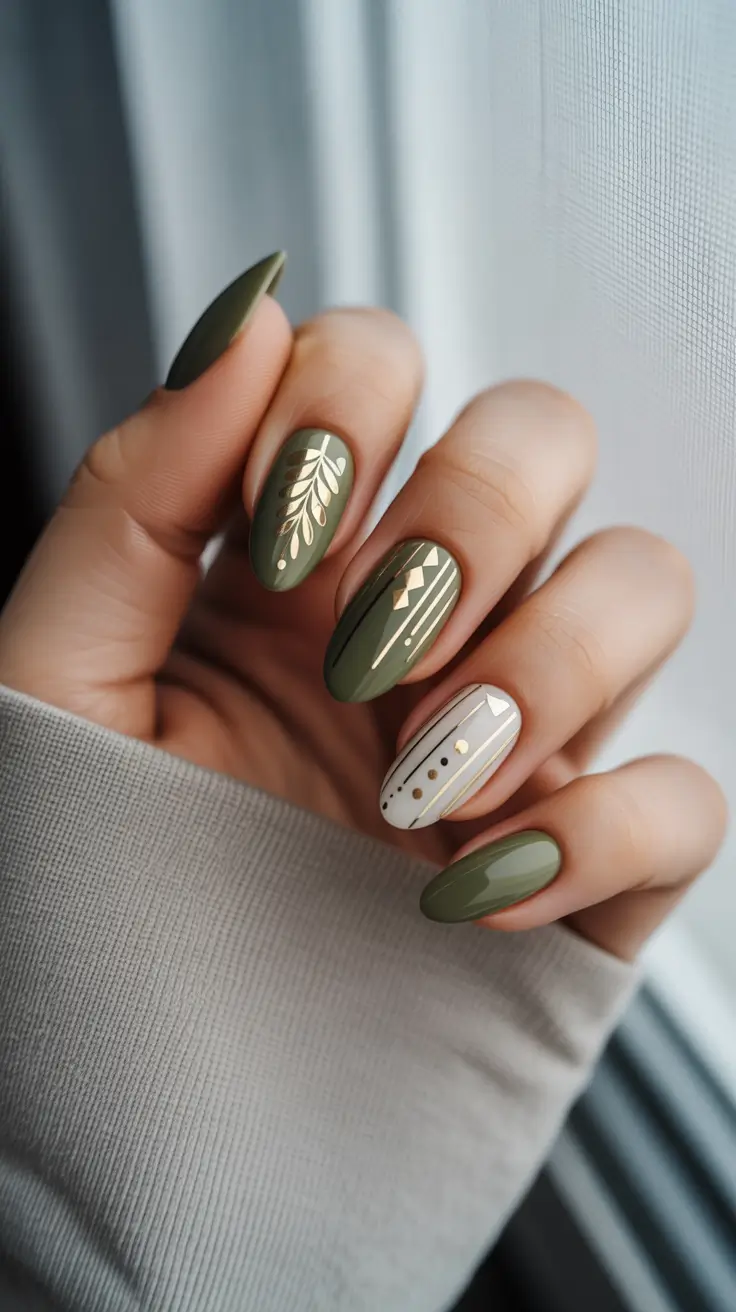 Fall Foil Accent Nails 2025 Olive Green Foil Geometry
