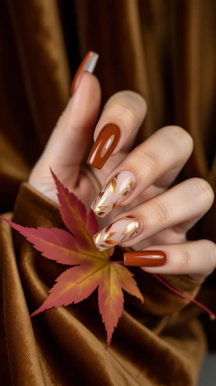 Fall Foil Accent Nails 2025 Burnished Copper Leaves