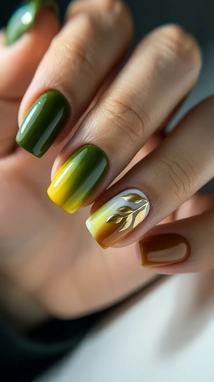 Fall Foil Accent Nails 2025 Golden Gradient Forest