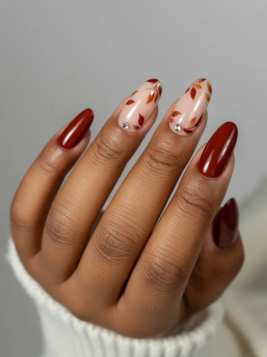 fall gel nails designs 2025 Falling Leaves & Garnet Shine