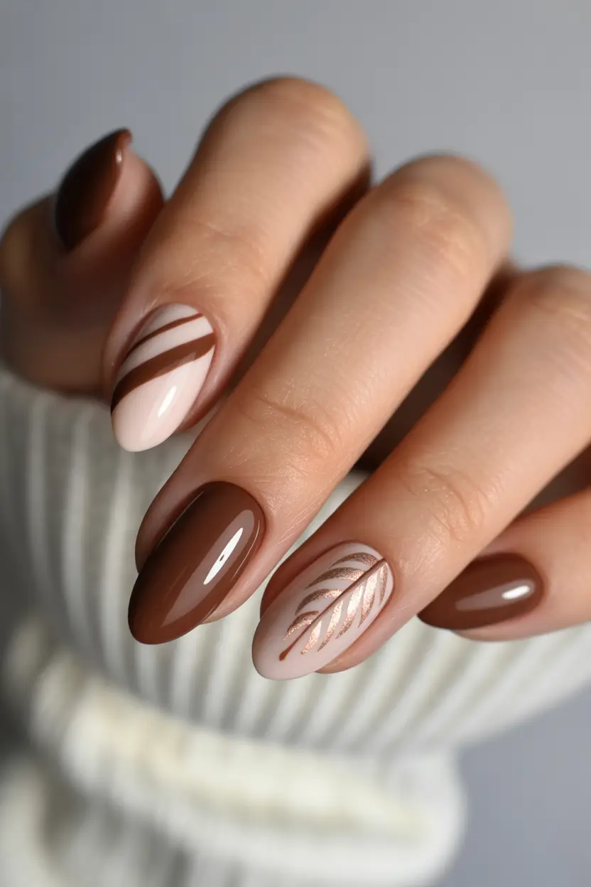 fall gel nails designs 2025 Chocolate Feather Luxe