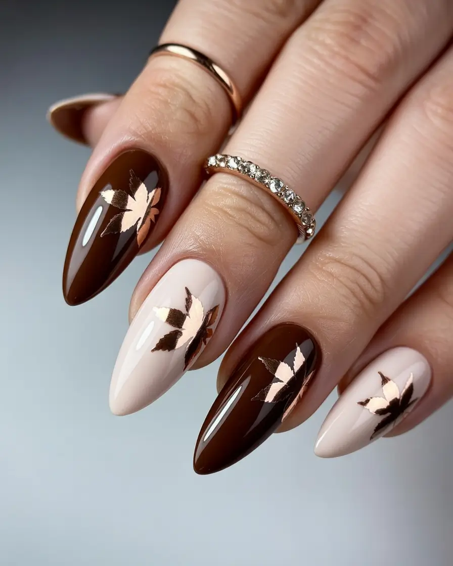 fall gel nails designs 2025 Mocha Elegance with Golden Leaf Accents