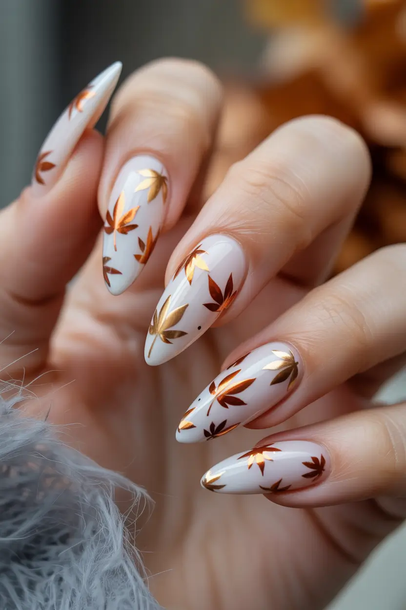 fall gel nails designs 2025 Soft White with Copper Leaf Whispers