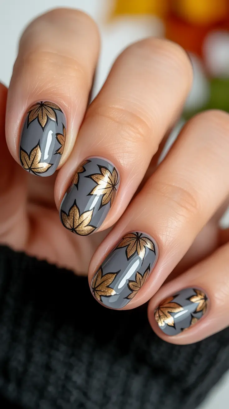 fall gel nails designs 2025 Slate Grey with Gold Bloom Details