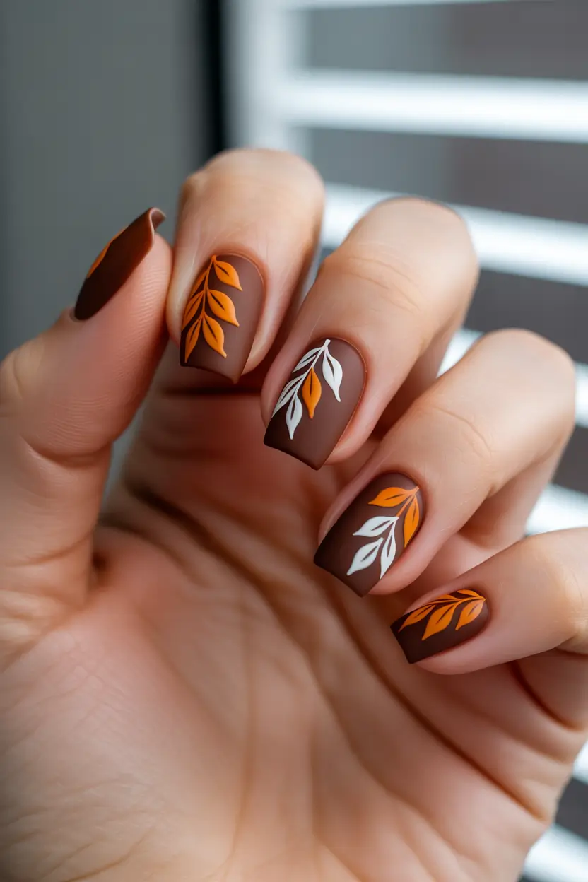 fall gel nails designs 2025 Matte Cocoa with Autumn Leaf Sprigs
