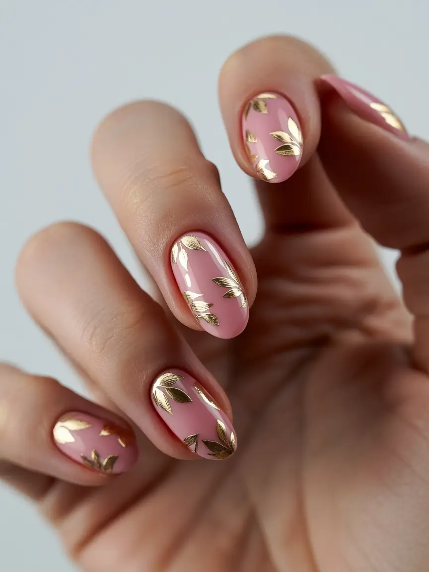 fall gel nails designs 2025 Blush Pink with Golden Petal Accents