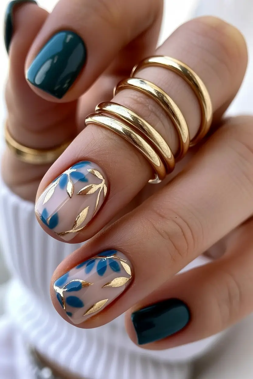 fall gel nails designs 2025 Deep Teal with Golden and Blue Leaf Detailing