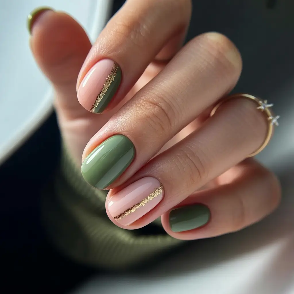 fall gel nails designs 2025 Olive Green and Nude with Golden Divider