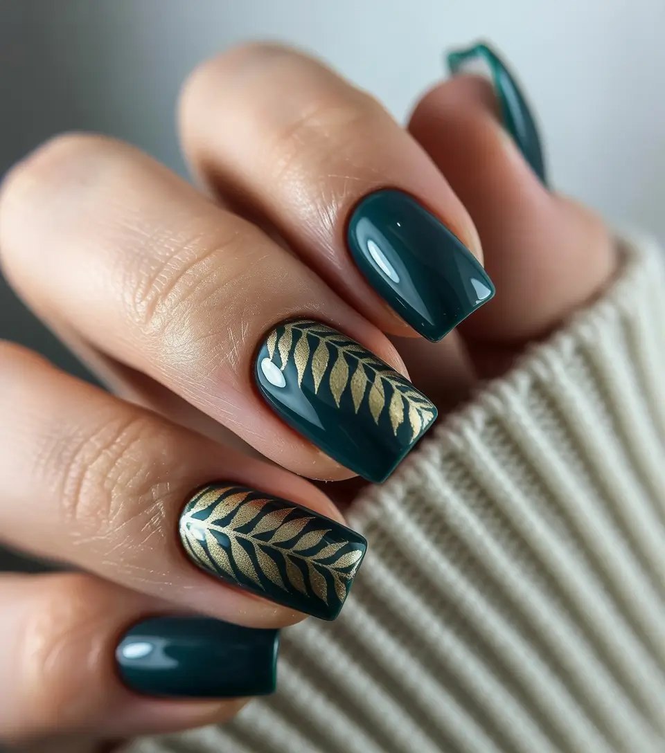 fall gel nails designs 2025 Forest Green with Metallic Ferns