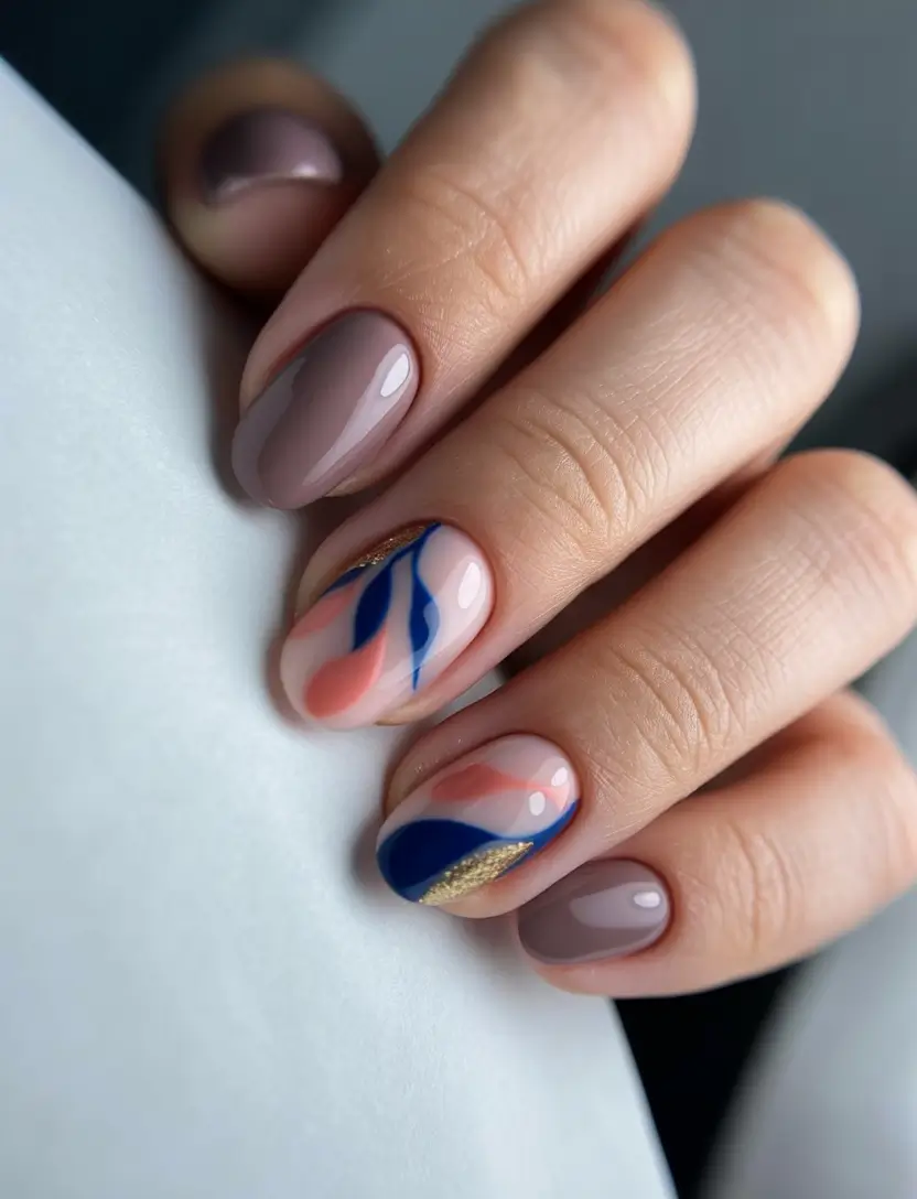 fall gel nails designs 2025 Neutral Taupe with Abstract Autumn Waves