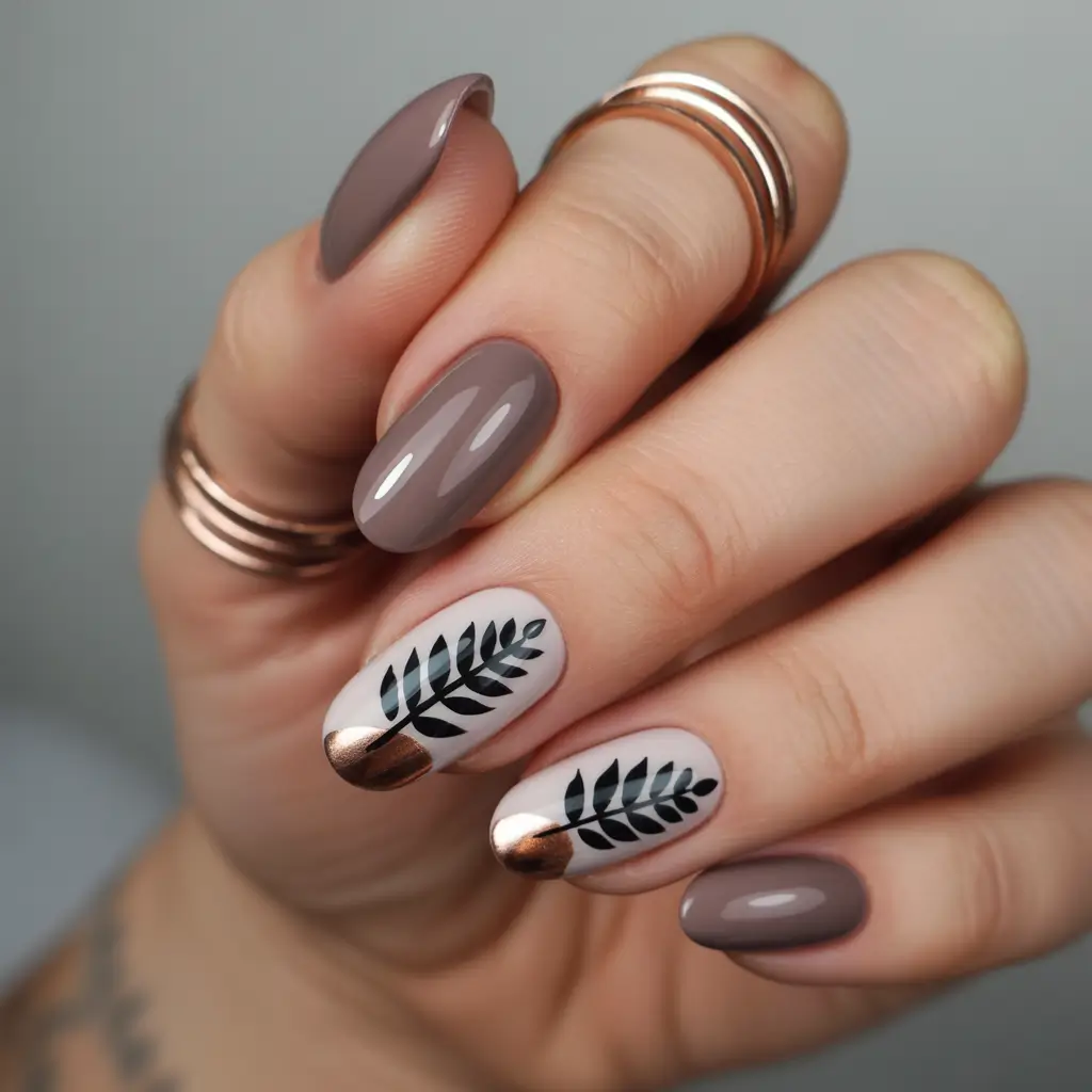 fall gel nails designs 2025 Mink Taupe with Black Leaf and Copper Tips