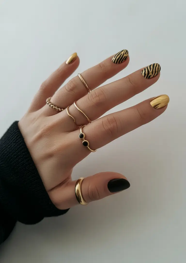 fall gel nails designs 2025 Black & Gold Edge