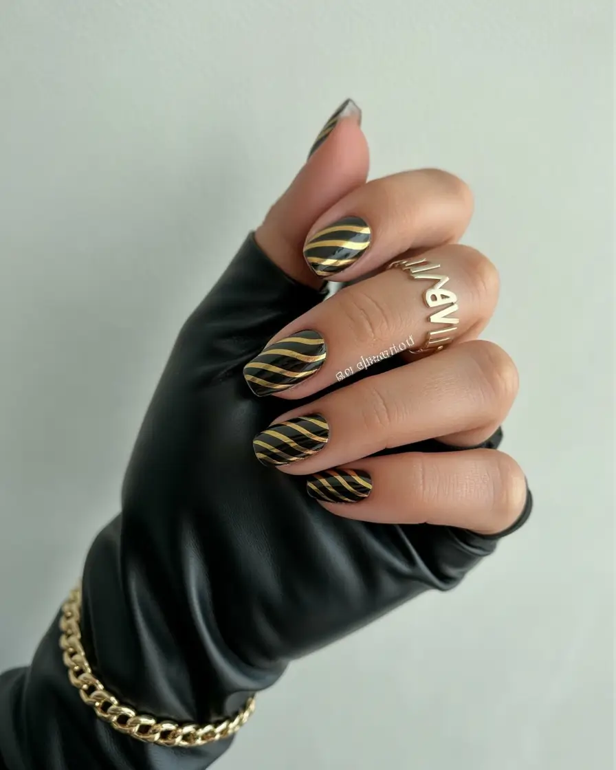 fall gel nails designs 2025 Gilded Wave Stripes