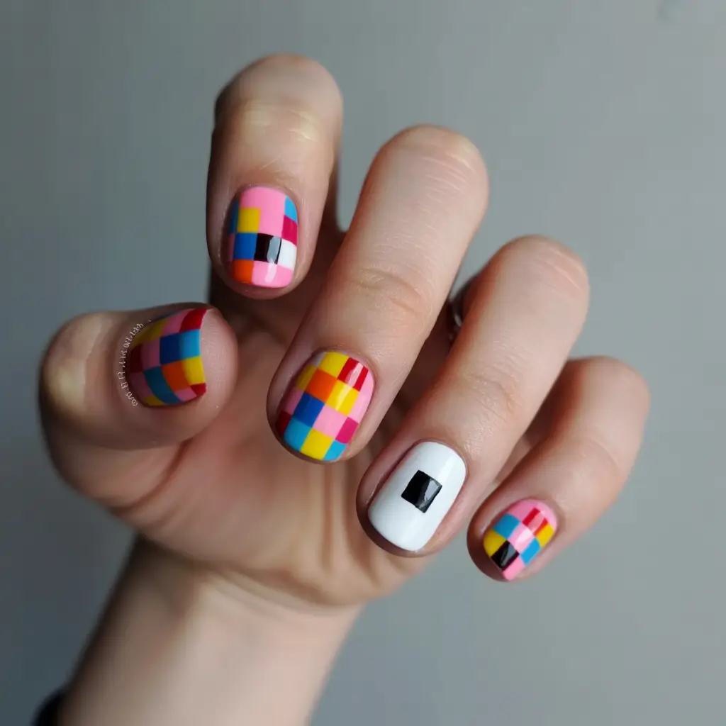 Fall Geometric Nails 2025 Colorful Checkered Mosaics
