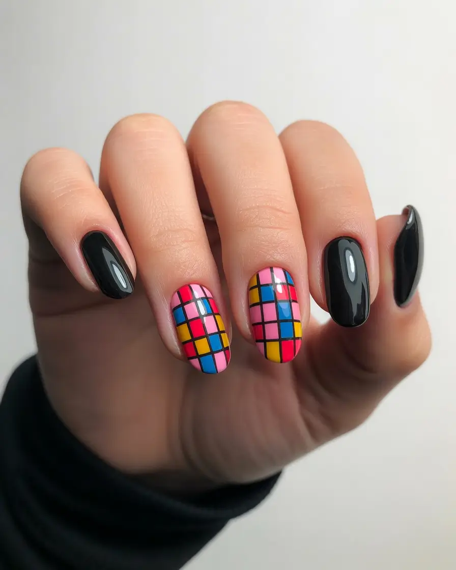 Fall Geometric Nails 2025 Checkerboard with Black Accents