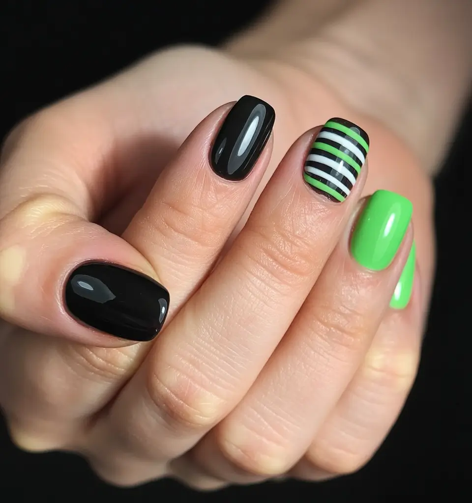 Fall Geometric Nails 2025 Green and Black Striped Minimalism