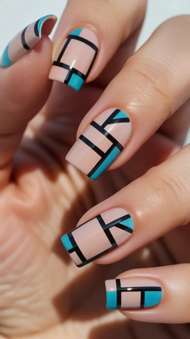 Fall Geometric Nails 2025 Turquoise Grid Precision