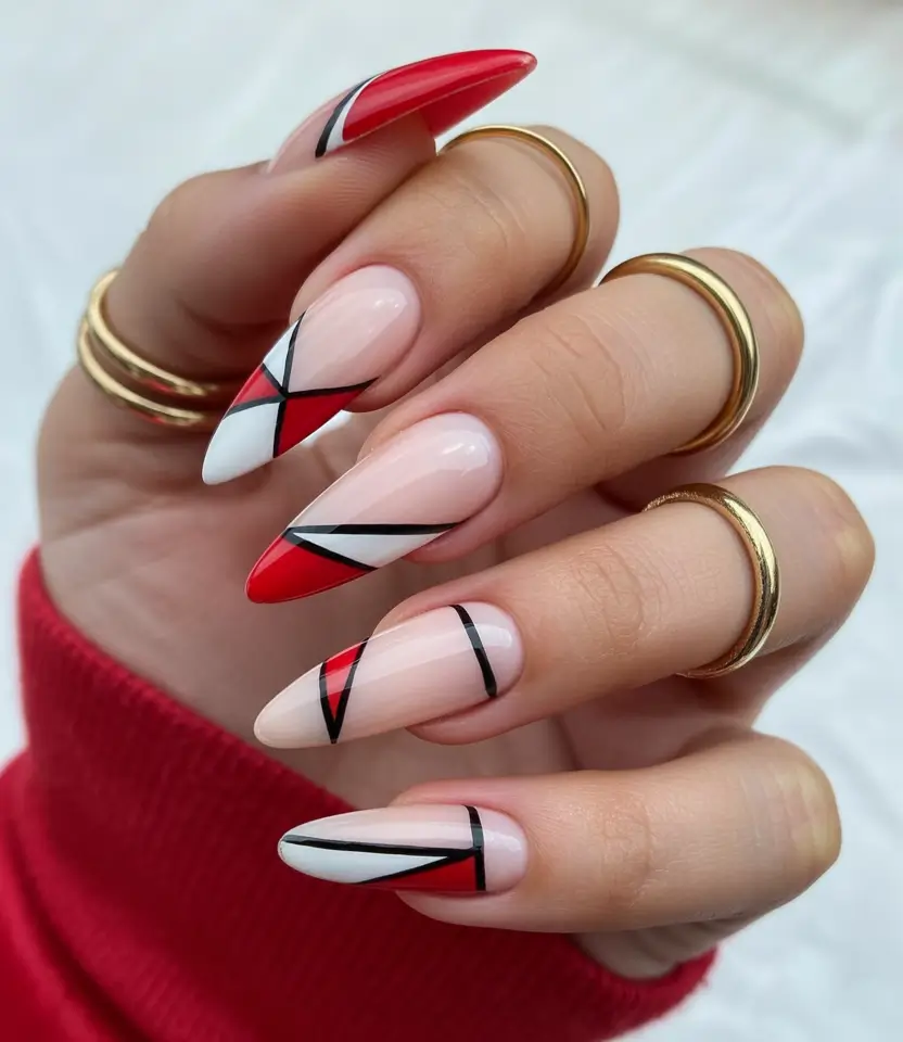Fall Geometric Nails 2025 Sharp Contrast in Red and White