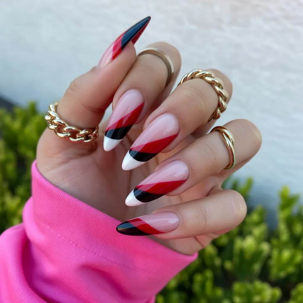 Fall Geometric Nails 2025 Diagonal Layers of Red, Black, and White