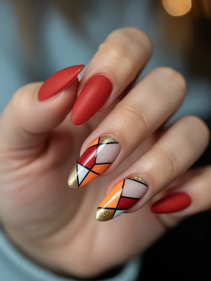 Fall Geometric Nails 2025 Warm Tones with Golden Edges