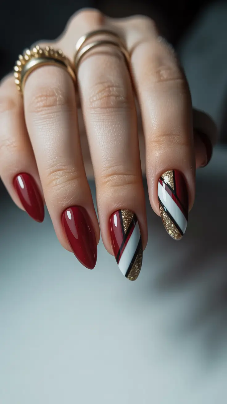 Fall Geometric Nails 2025 Classic Burgundy with Golden Stripes