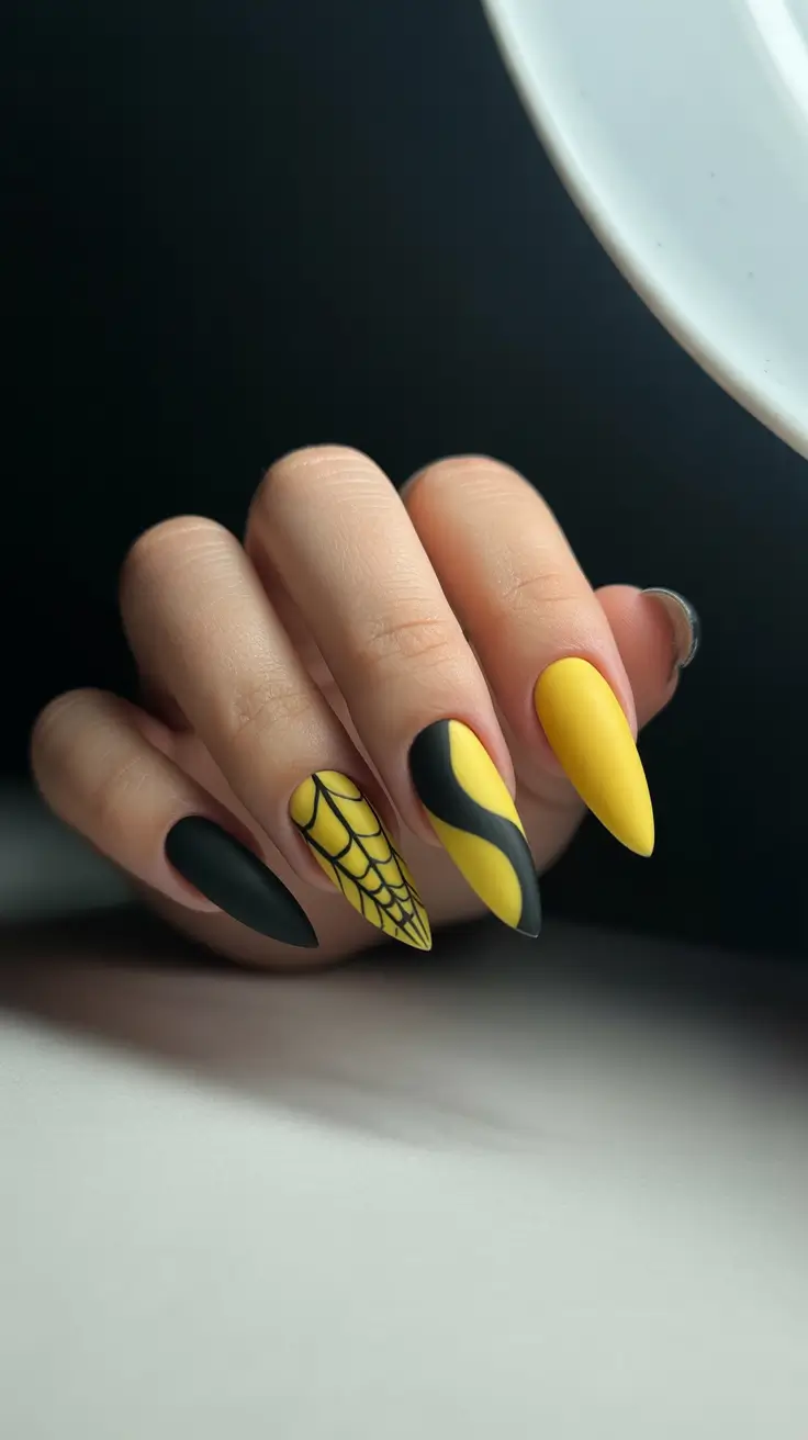 Fall Geometric Nails 2025 Bold Yellow and Black Statement