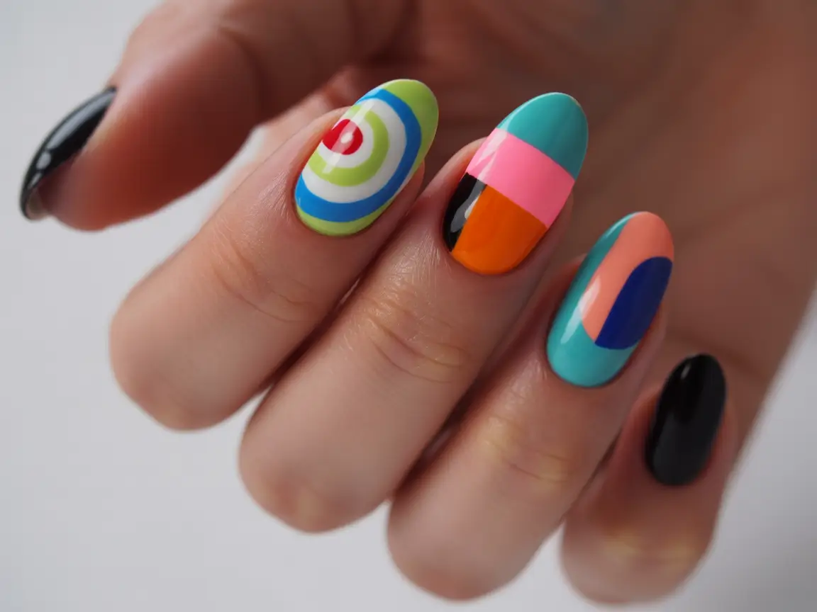 Fall Geometric Nails 2025 Abstract Circles and Color Blocking