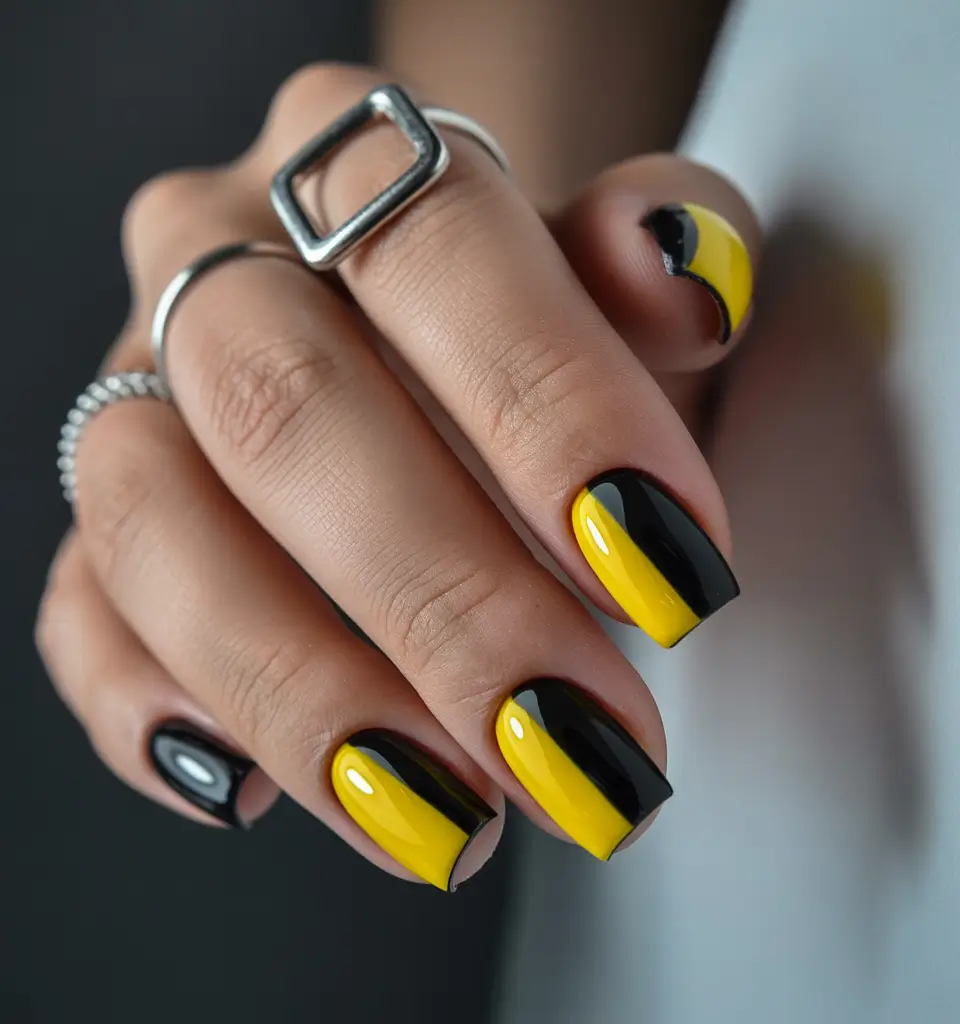 Fall Geometric Nails 2025 Striking Yellow and Black Contrast