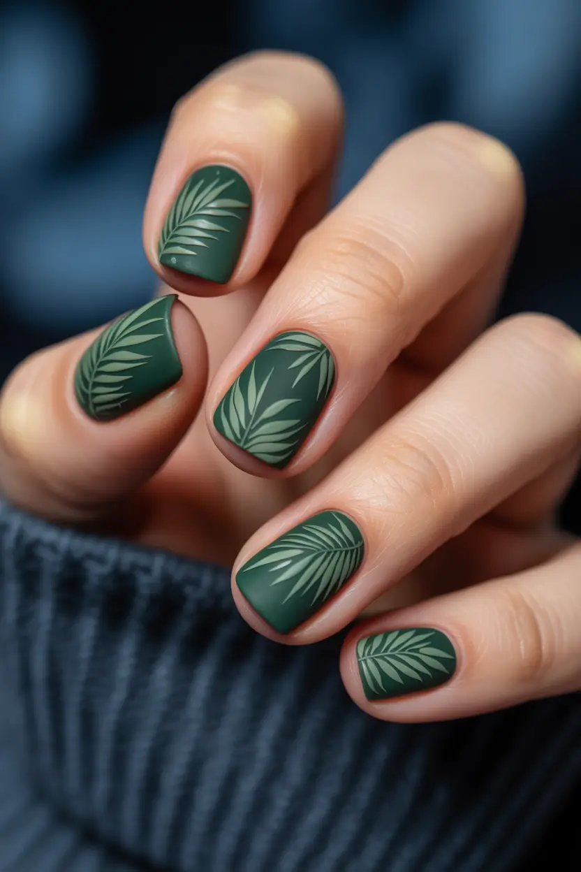fall green nails 2025 Matte Jungle with Palm Imprints