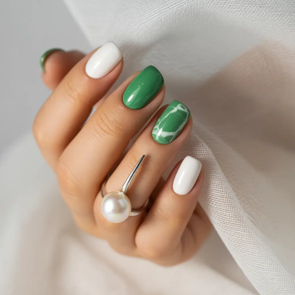 fall green nails 2025 Marble & Matcha Whites