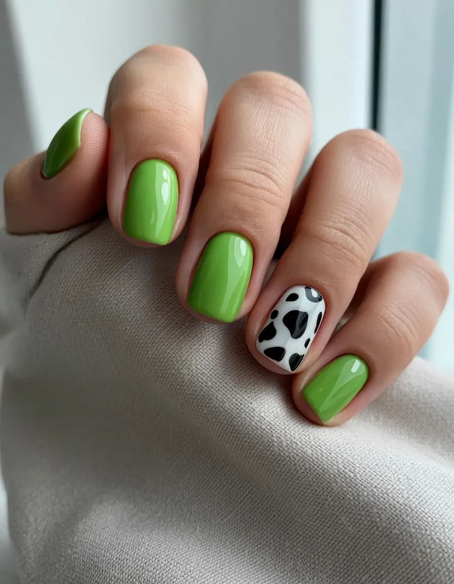fall green nails 2025 Lime Green Pop with Cow Print Twist