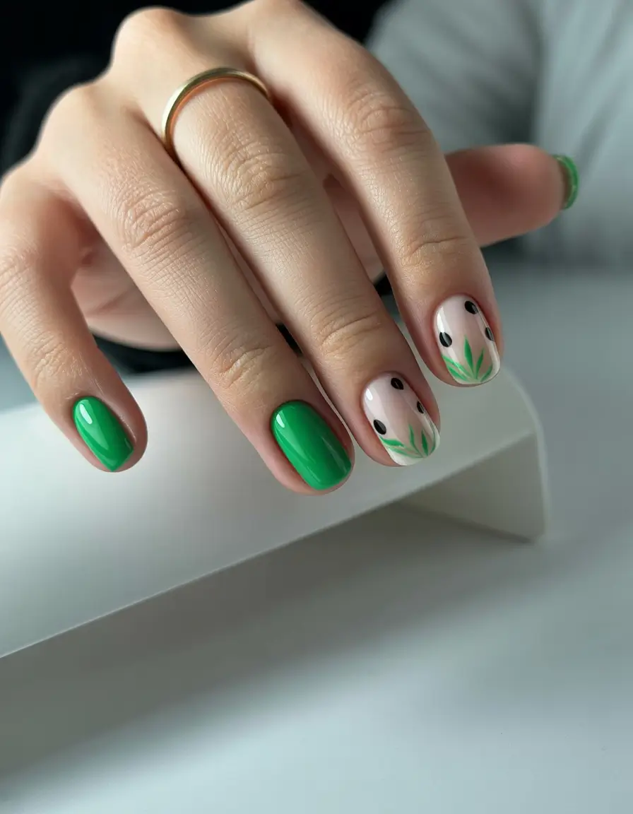 fall green nails 2025 Leaf Sprout and Dot Combo