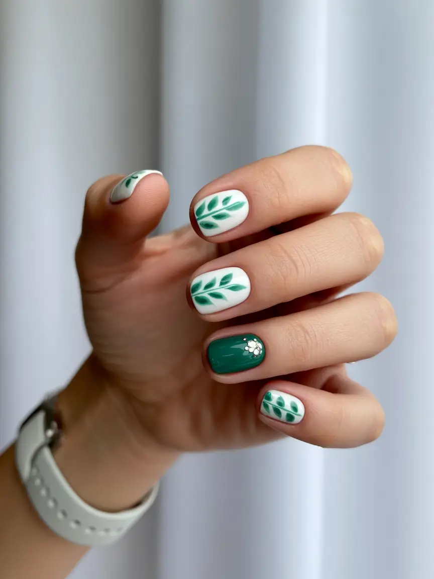 fall green nails 2025 White Leaves & Gemstone Sparkle