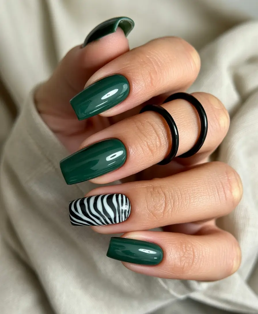 fall green nails 2025 Dark Green with Zebra Energy