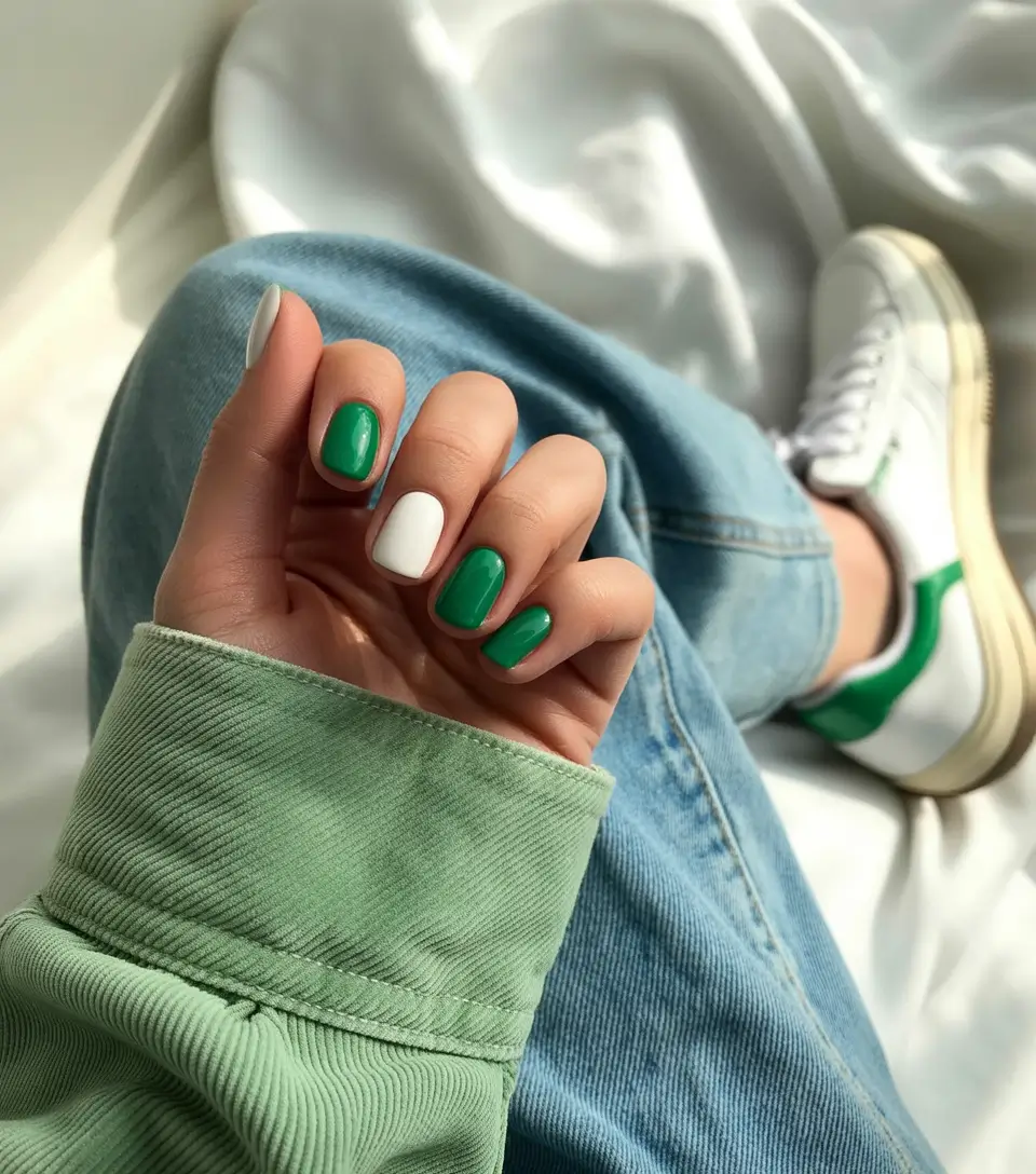 fall green nails 2025 Sporty Chic in Forest & Crisp White