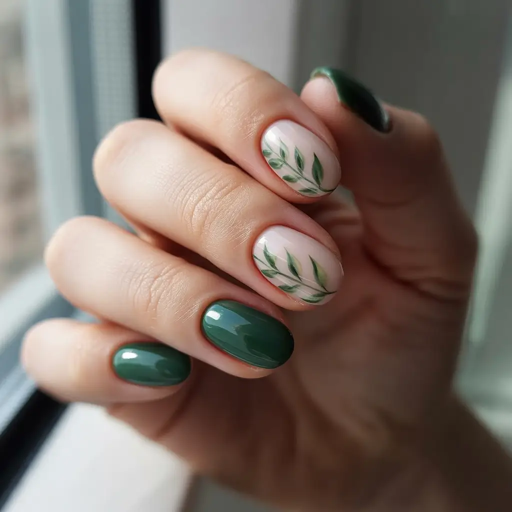 fall green nails 2025 Botanical Whisper on Almond Tips