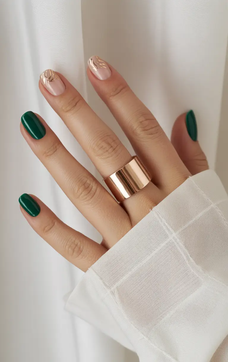 fall green nails 2025 Golden Moss Elegance