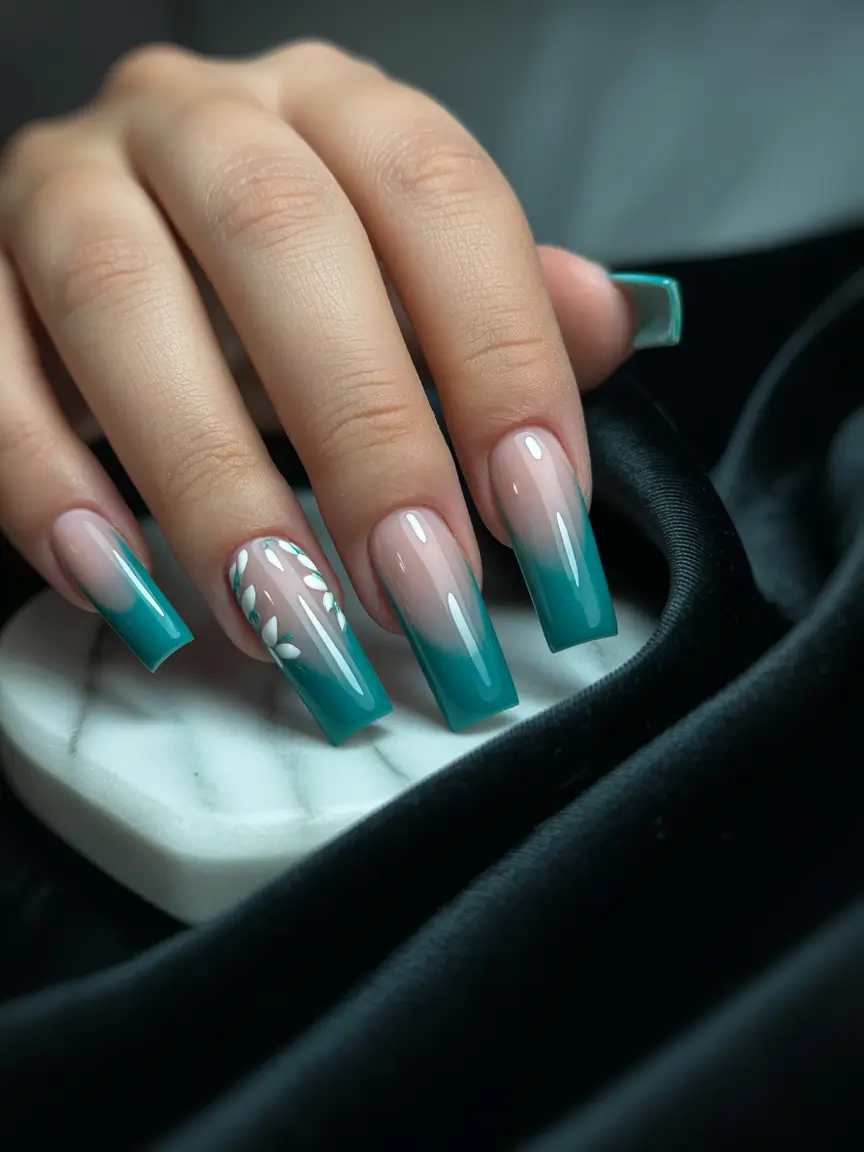 fall green nails 2025 Cool Teal Coffin Ombre with Delicate White Art