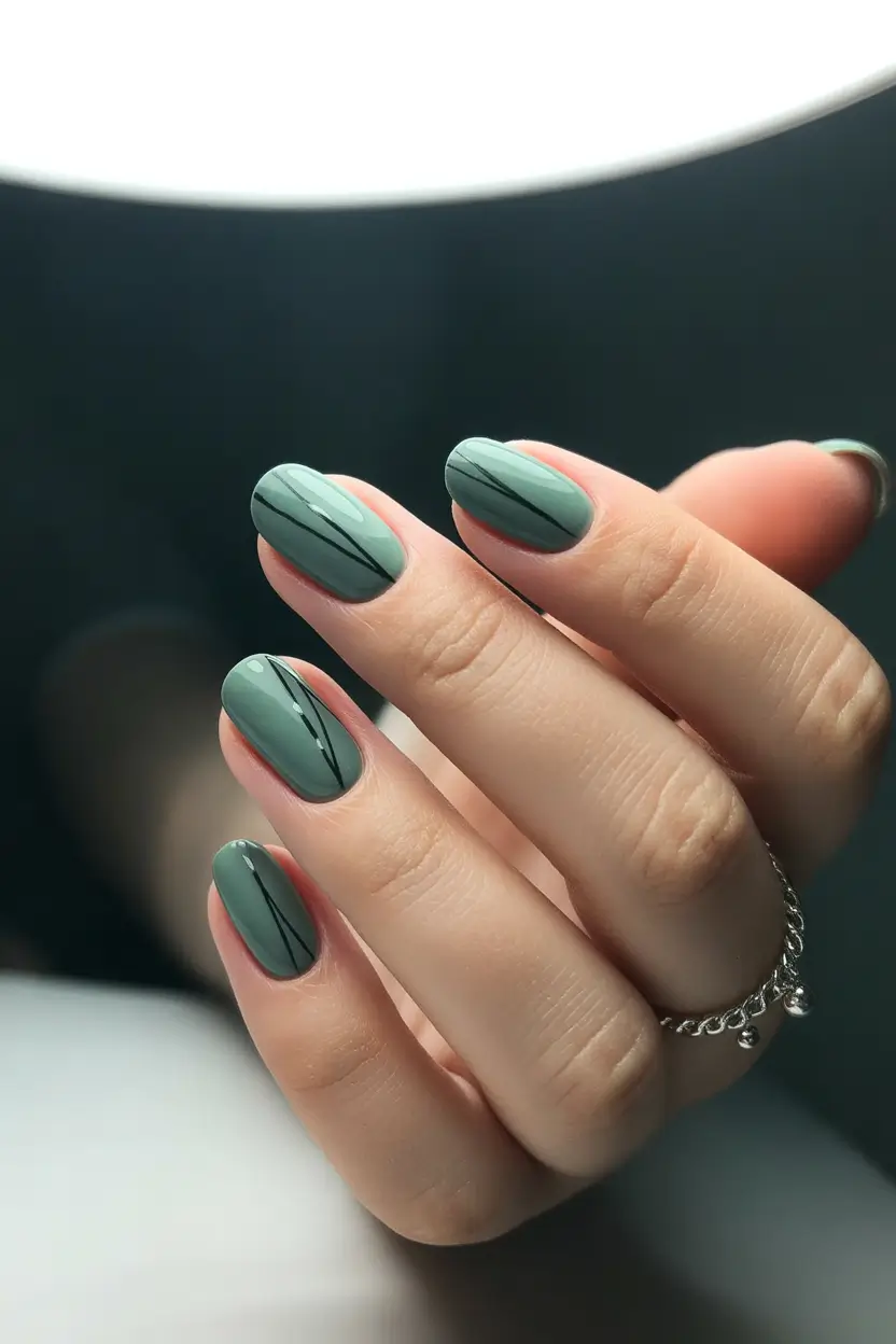fall green nails 2025 Olive Lines on Almond Tips