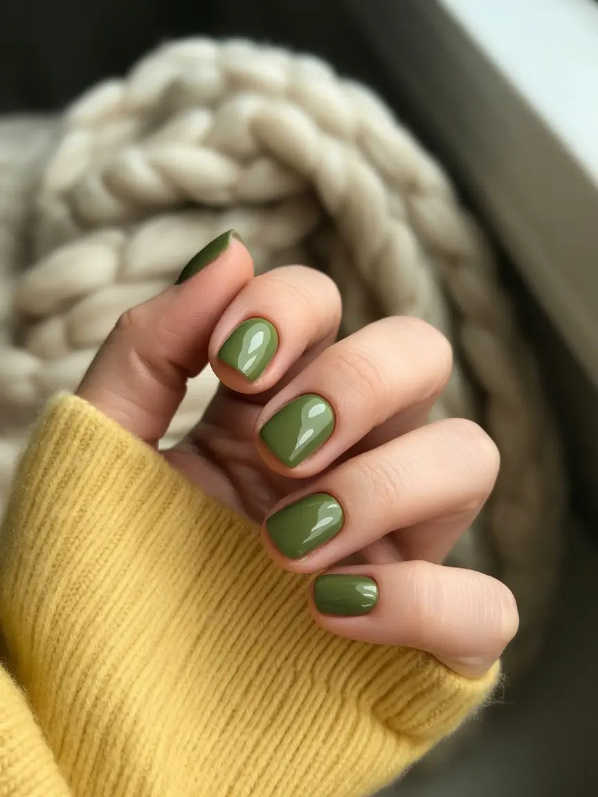 fall green nails 2025 Glossy Short Olive Greens