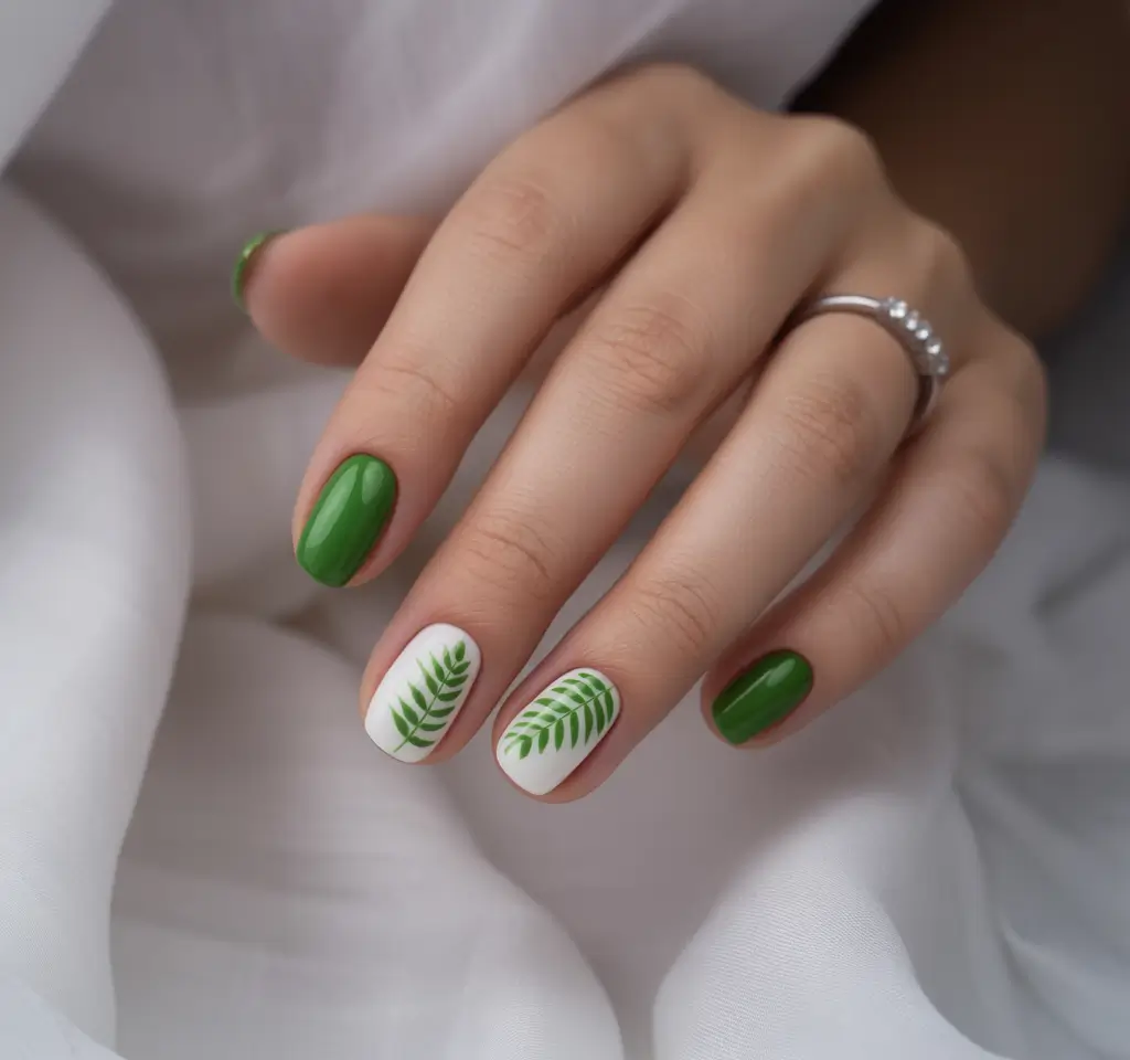 fall green nails 2025 Botanical Pop on Fresh White
