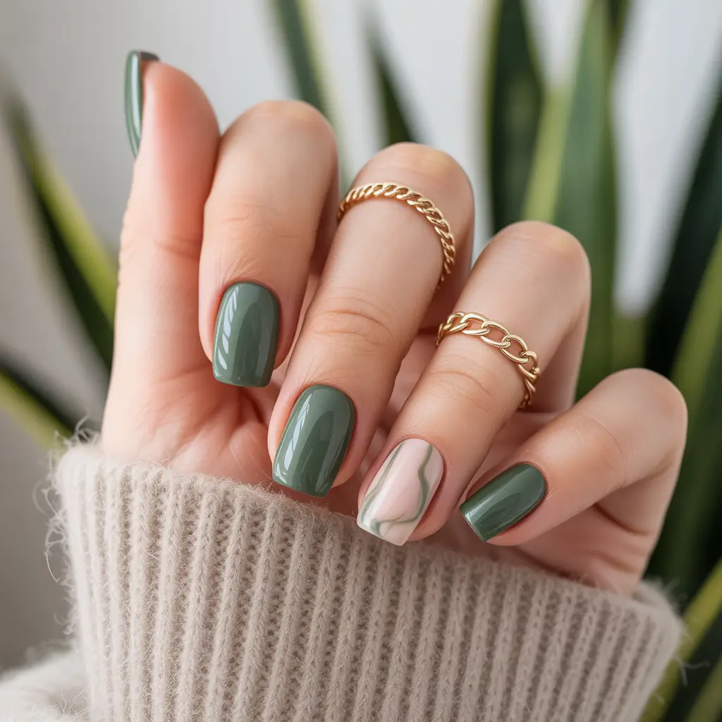 fall green nails 2025 Glossy Green with Taupe Marble Accent