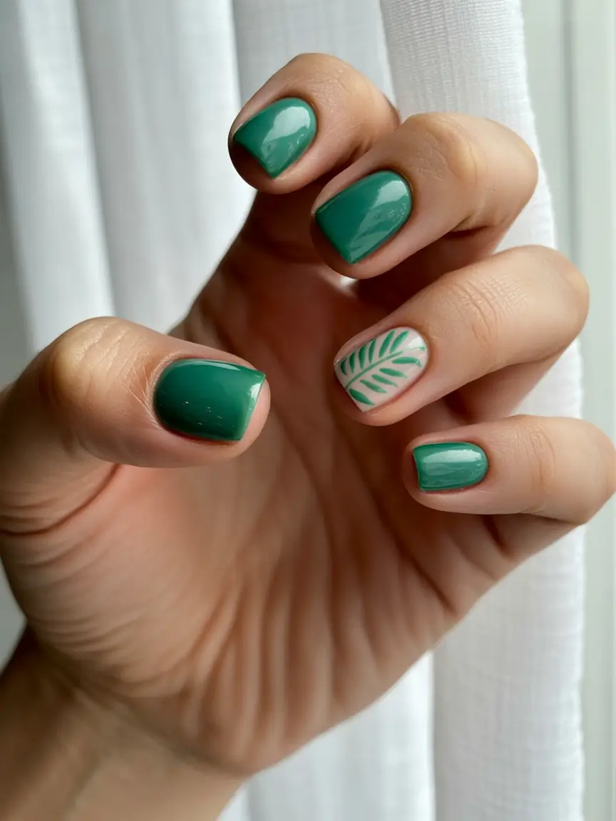 fall green nails 2025 Simple Gloss with Leaf Accent
