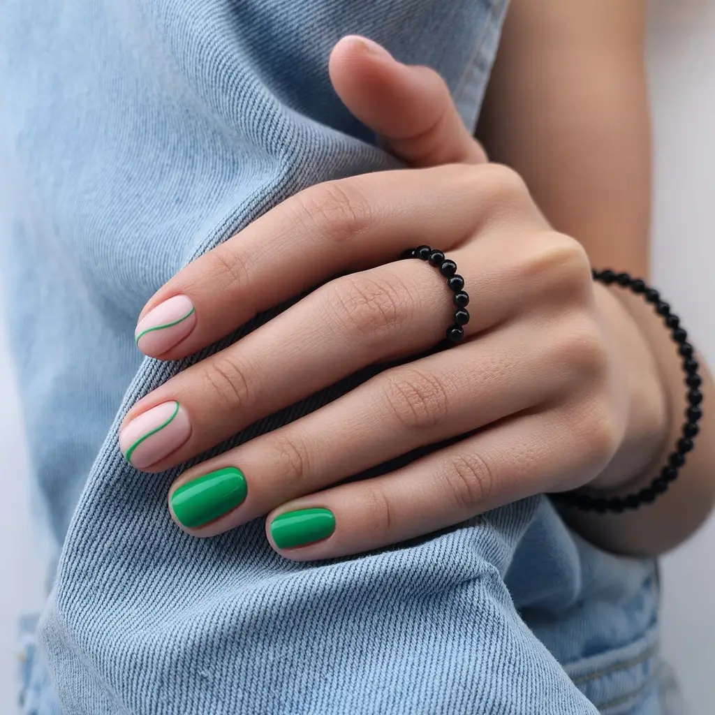 fall green nails 2025 Fresh Green & Fine Line Art