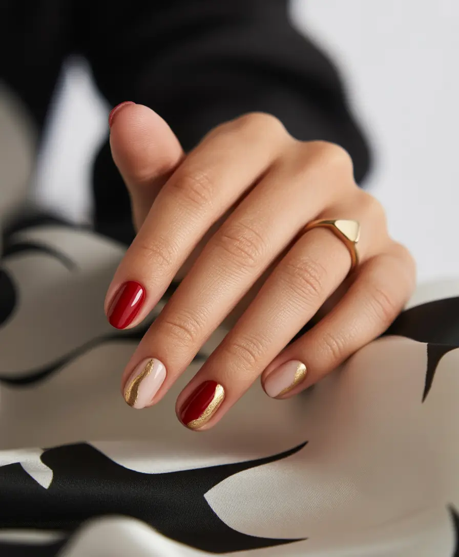 fall-manicure-2025-Gold-Touched-Red-Minimalism