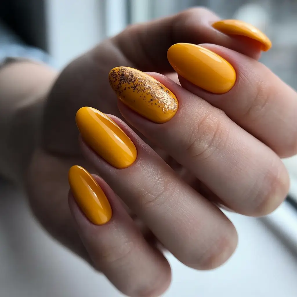 fall manicure 2025 Sunset Yellow with a Gold Dust Twist