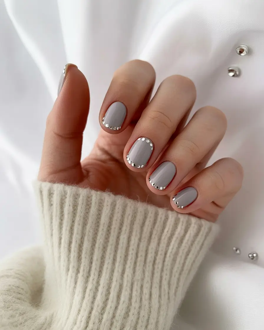 fall manicure 2025 Soft Grey with Tiny Silver Stars