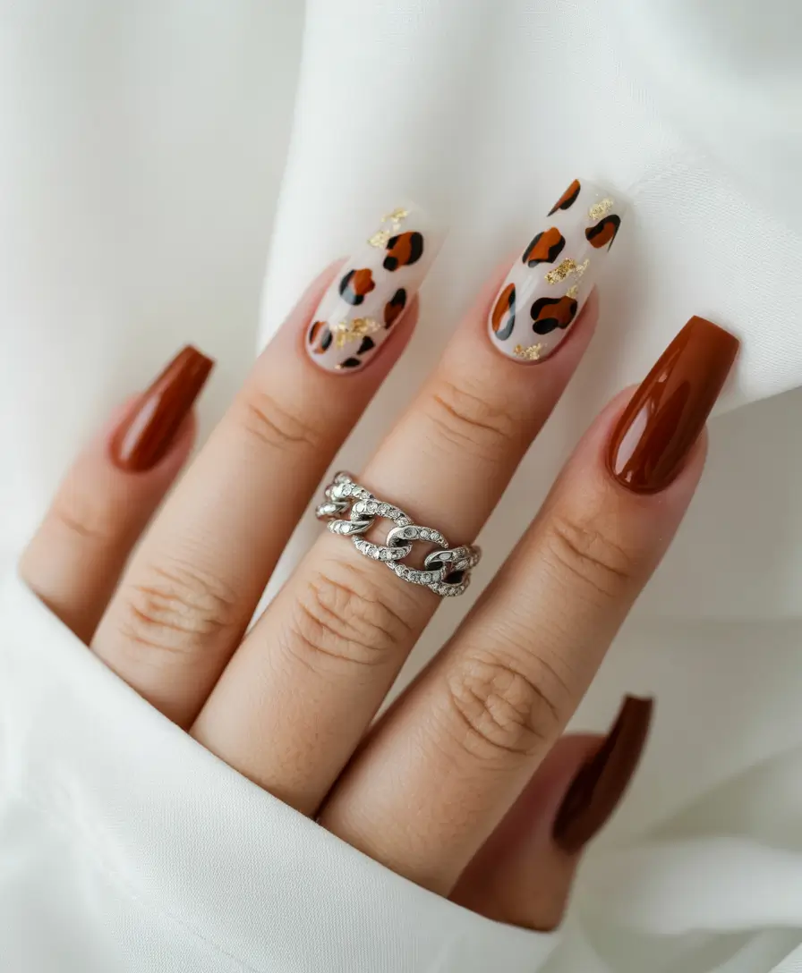 fall manicure 2025 Glazed Leopard with Gold Foil