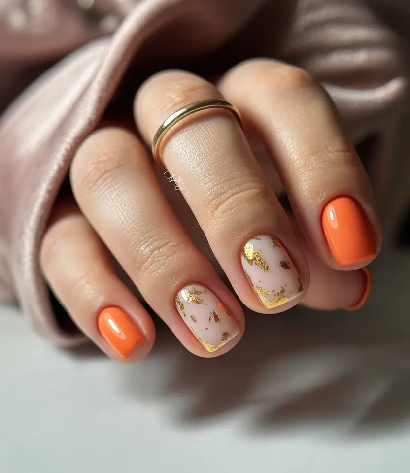 fall manicure 2025 Warm Orange & Gold Leaf Glow