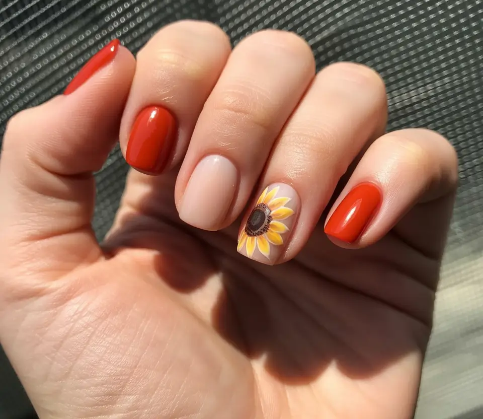 fall manicure 2025 Sunflower Statement with Pumpkin Red